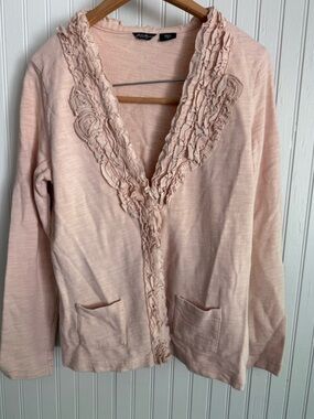 Eddie Bauer Light Pink Cardigan Size Small Ruffle Trim Cotton and Silk